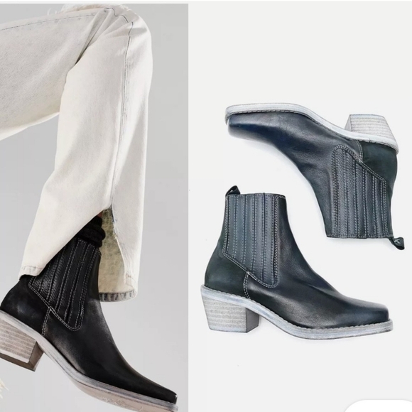 #0998 Free People Sz 6 Leather Square Toe Western Ankle Boots | Blue | NWOT - Picture 1 of 14
